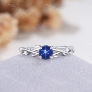 Elegant star sapphire ring 5mm round blue sapphire twig vine engagement ring elegant  wedding ring for women unique handmade proposal gift