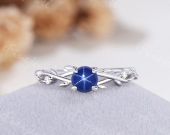 Elegant star sapphire ring 5mm round blue sapphire twig vine engagement ring elegant  wedding ring for women unique handmade proposal gift