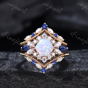 Vintage Opal Saphir Ring Set einzigartige weiße Feuer Hexagon Opal Verlobungsring Halo Moissanite Oktober Geburtsstein Ehering Set Frauen