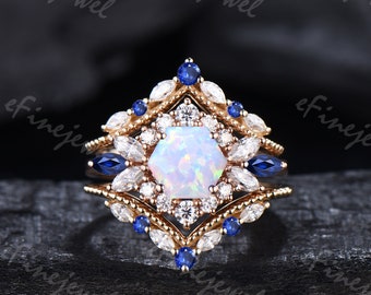 Vintage opal sapphire ring set unique white fire hexagon opal engagement ring set halo moissanite October birthstone wedding ring set women