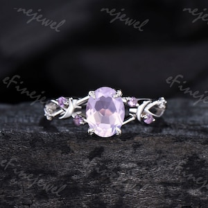 Natural oval Lavender amethyst ring vintage galaxy star purple crystal engagement ring moon leaves promise ring for women anniversary gift