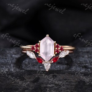 Hexagon Rose Quartz Engagement Ring Set, Rose Gold Lab Ruby Moissanite Band
