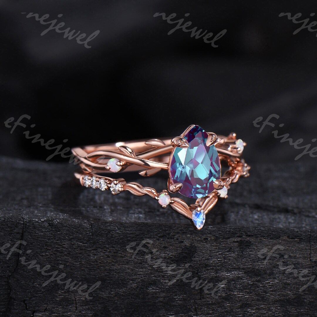 Vintage Pear Alexandrite Engagement Ring Set, Nature Inspired Opal ...