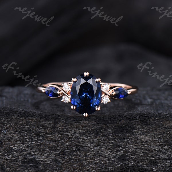 1.5CT Lab blue sapphire engagement ring cluster marquise sapphire moissanite wedding ring unique 7 stones handmade proposal gifts for women