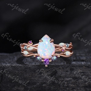 Vintage Pear Shaped Opal Engagement Ring Set,Rose Gold,Vines Amethyst Alexandrite Ring,Women Bridal Set,Unique Twig Anniversary Promise Gift