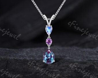 Vintage alexandrite necklace teardrop moonstone pendant dainty amethyst three stone necklace uniqiue handmade proposal gifts for women
