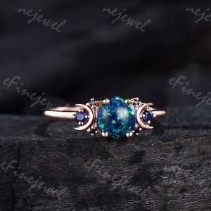 Crescent Moon Black Opal Ring for Women Cluster Sapphire Blue Opal ...