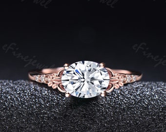 1.5CT Oval Moissanite Engagement Ring Rose Gold East to West Ring Nature Inspired Moissanite Wedding Ring Handmade Proposal Gifts for Women