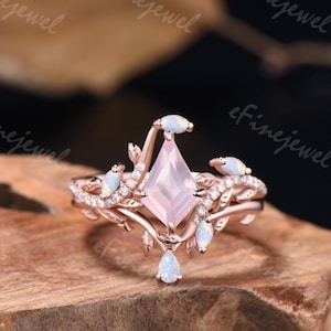 Delicate Kite Cut Rose Quartz Twig Engagement Ring White Opal Leaf Wedding Band Rose Gold Nature Inspired Bridal Set Anniversary Gifts