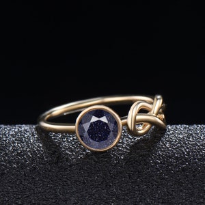 Celtic love blue sandstone engagement ring unique bezel set blue goldstone wedding ring yellow gold dainty handmade proposal gifts for Women