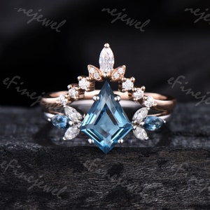 Vintage kite cut London blue topaz engagement ring set silver rose gold cluster moissanite wedding set Unique Handmade Proposal Gifts Women