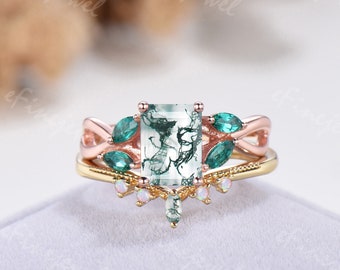 Split Shank Emerald Cut Moss Agate Ring Set Unique Engagement Ring Set Marquise Emerald Wedding Ring Set Vintage Proposal Gift For Women