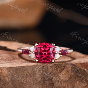 Cushion Cut Lab Ruby Engagement Ring, Opal Cluster, 14k Gold