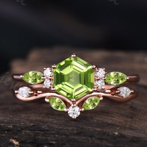 Vintage Hexagon peridot engagement ring set silver rose gold vintage Hexagon August birthstone wedding ring set handmade proposal gifts