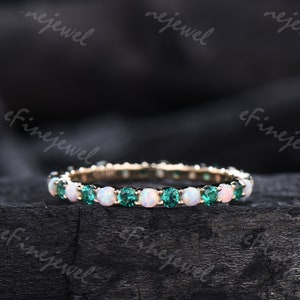 Vintage opal emerald wedding ring solid yellow gold full eternity emerald opal wedding band for women unique promise stacking band for women