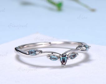 Vintage Alexandrite Curved Wedding Band, Marquise and Pear Color Change Stone Stacking Ring