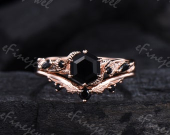 Nature Inspired Black Onyx Engagement Ring Set Hexagon Cut Black Crystal Leaf Bridal Set Vintage Unique Rose Gold Wedding Ring Set For Women