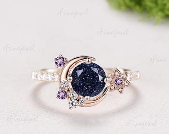 Celestial Blue Sandstone Ring, Vintage Crescent Moon Star Engagement Ring, Witchy Rose Gold Cluster Ring, Unique Gothic Statement Jewelry