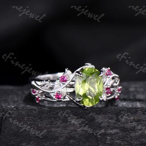 Natural Inspired Oval Peridot Engagement Ring Set, 14K White Gold Leaf Vine Ruby Wedding Band
