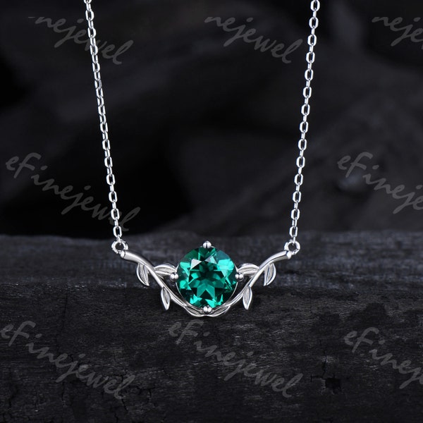 8mm round lab emerald pendant necklace leaf vine green crystal necklace May birthstone dainty handmade proposal gifts for women gift for mom