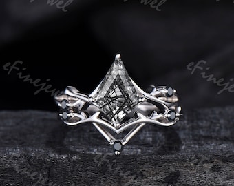 Vintage kite cut black rutilated quartz ring set nature inspired black stone twig engagement ring black spinel wedding bridal Set for women