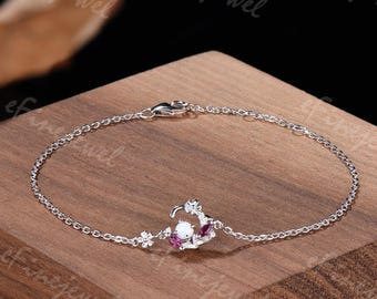 Sterling Silver Opal Flower Bracelet, Dainty Gemstone Chain Bracelet