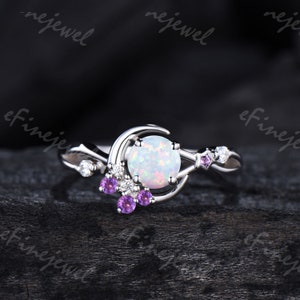 Delicate Round Cut White Opal Engagement Ring Amethyst Moissanite Cluster Moon Ring White Gold Celestial Band Anniversary Gifts For Women