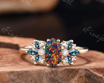 Vintage Black Fire Opal Engagement Ring Unique Marquise Alexandrite Ring Art Deco Birthstone Wedding Ring Anniversary Promise Gift For Women