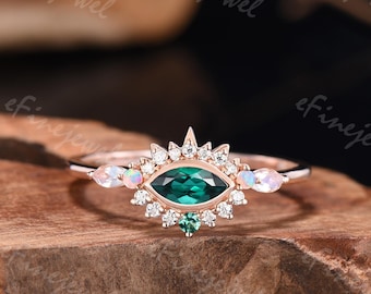 Art Deco 1CT Marquise Cut Emerald Engagement Ring Unique Cluster Moonstone Opal Moissanite Band Halo Evil Eye Wedding Ring Anniversary Gift