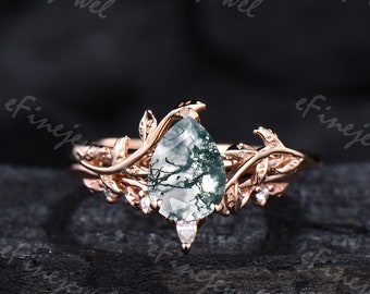 Pear Shaped Moss Agate Wedding Ring Set Nature Inspired Engagement Ring Leaf Vine Ring Set Unique Branch Bridal Ring Women Anniversary Gifts