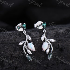 Nature Inspired White Opal Drop Earrings, Unique pear emerald, marquise moss agate and Moissanite Leaf Branch Dangle floral Earrings Gift