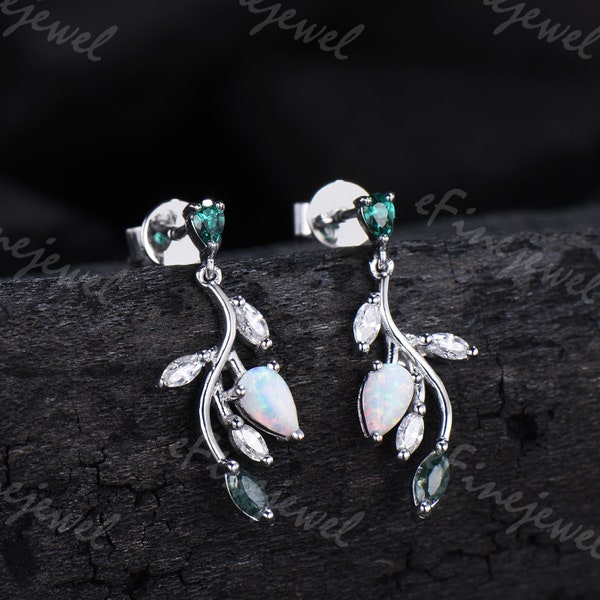 Opal Leaf Branch Drop Earrings, Emerald Moss Agate Moissanite Dangle