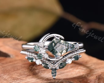 Vintage kite cut moss agate moon engagement ring/unique green agate moissanite wedding band/white gold wedding bridal ring set/proposal gift