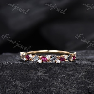 Vintage Alexandrite Ruby Eternity Wedding Band Women Unique Baguette Alexandrite Stackable Ring Marquise Ruby Matching Band Anniversary Gift