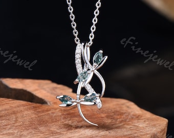 Elegant moss agate necklace pendant double dragonfly necklace silver white gold green agate pendant marquise agate handmade proposal gifts