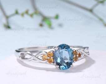 Norse Viking Oval Natural London Blue Topaz Engagement Ring, Celtic Knot Cluster Citrine  Wedding Ring