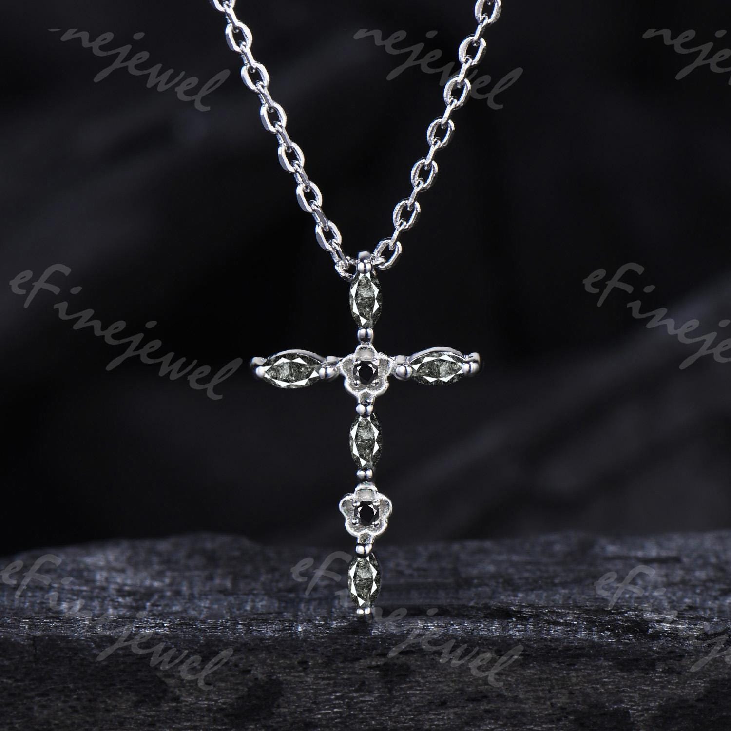 Handmade Black Rutilated Quartz Cross Pendant, 14K Gold Flower Necklace