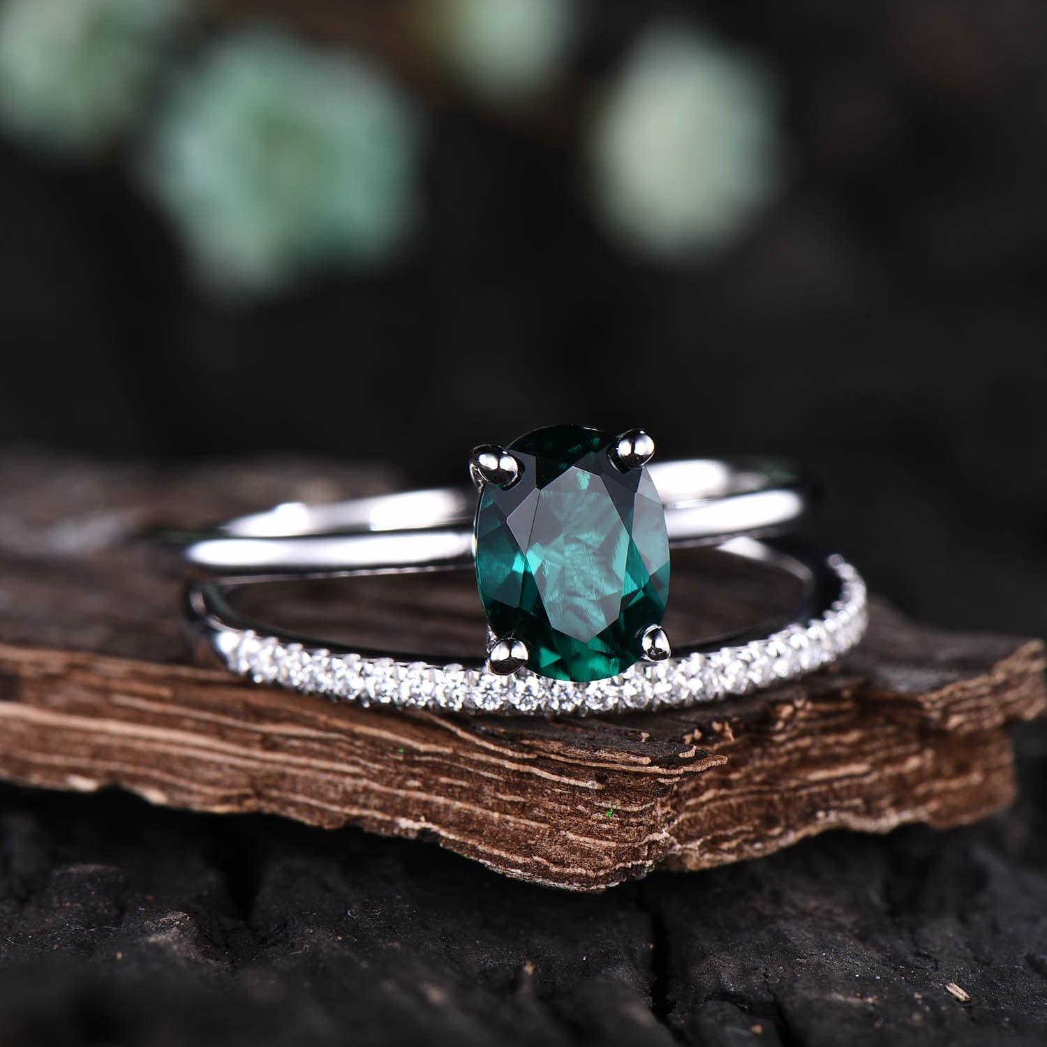 Vintage Oval 1.5CT Emerald Ring Set// Rose Gold Emerald Proposal Ring for  Girl// Vintage Emerald Engagement Set// Green Gemstone Bridal Set - Etsy