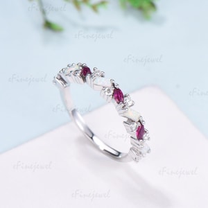 Vintage Fire Opal Ruby Eternity Wedding Band Women Unique Baguette White Opal Stackable Ring Marquise Ruby Matching Band Anniversary Gift