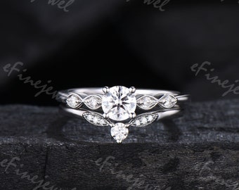 Dainty moissanite ring set 5mm round cut moissanite engagement ring marquise set diamond wedding band art deco promise bridal set for women