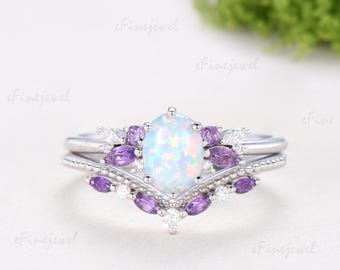 Vintage 1.5CT Oval Opal Engagement Ring Set, 14K White Gold Cluster Marquise Amethyst Wedding Bridal Set