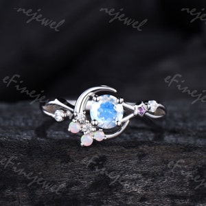 Dainty moonstone ring 5mm round rainbow blue  moonstone moon engagement ring star opal amethyst wedding ring women unique anniversary ring