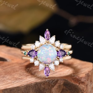 Vintage Runde Opal Verlobungsring Set Juni Birthstone Amethyst Smaragd Ehering 14k Rose Gold fünf Stein 3er Brautring Set für Frauen