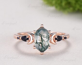 Hexagon Moss Agate Engagement Ring, Crescent Moon Blue Sandstone Band, 14K Rose Gold Set