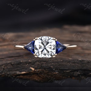 Delicate Three Stone Ring Cushion Cut Moissanite Engagement Ring Triangle Blue Sapphire Wedding Ring Art Deco Anniversary Gifts For Women