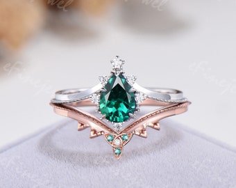 Pear Shaped Emerald Wedding Ring Set Art Deco Emerald  Engagement Ring Unique Branch Twig May Birthstone Women Norse Viking Anniversary Gift