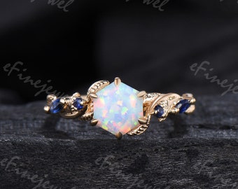 Natural Inspired White opal engagement ring Crescent moon fire opal ring cluster sapphire 18k yellow gold leaf anniversary promise ring gift