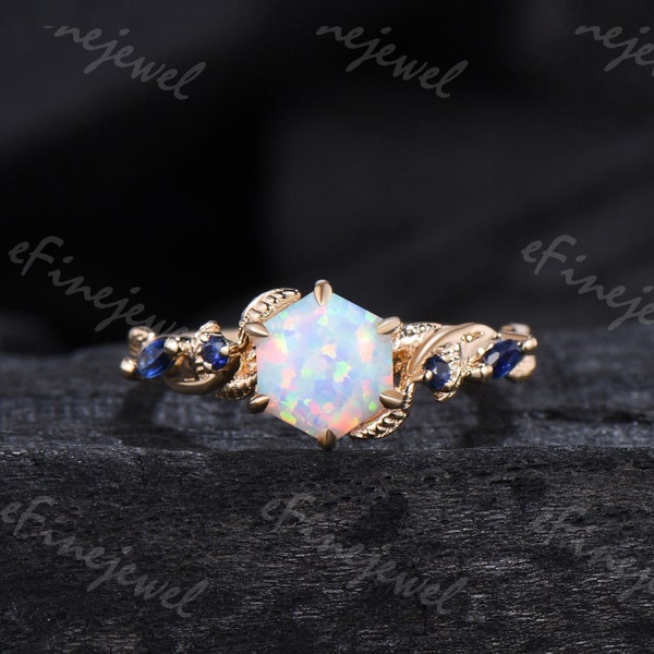 Natural Inspired White opal engagement ring Crescent moon fire opal ring cluster sapphire 18k yellow gold leaf anniversary promise ring gift