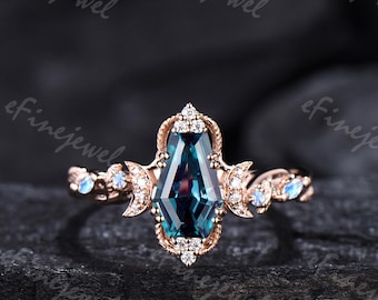 Anello di fidanzamento vintage con alessandrite a bara, anello in pietra di luna Art Déco