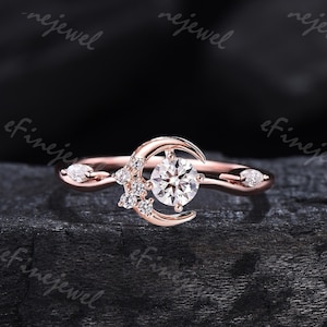Delicate Round Cut Moissanite Ring Engagement Ring Diamond Moon Ring Rose Gold Celestial Wedding Ring Handmade Anniversary Gifts For Women